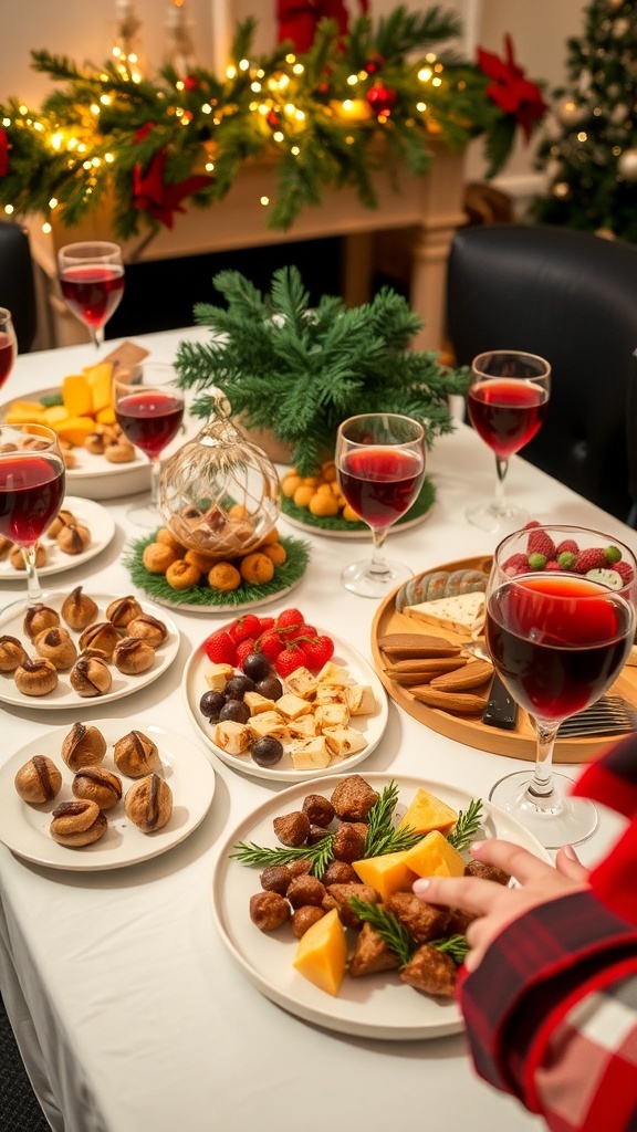 A festive Christmas party table with appetizers and drinks, decorated with holiday lights and pine branches.